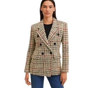 Zara - Textured Plaid Double-Breasted Blazer Tweed Jacket Sz XS